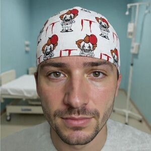 White Skull Clown Print Surgical Cap with Red Accents